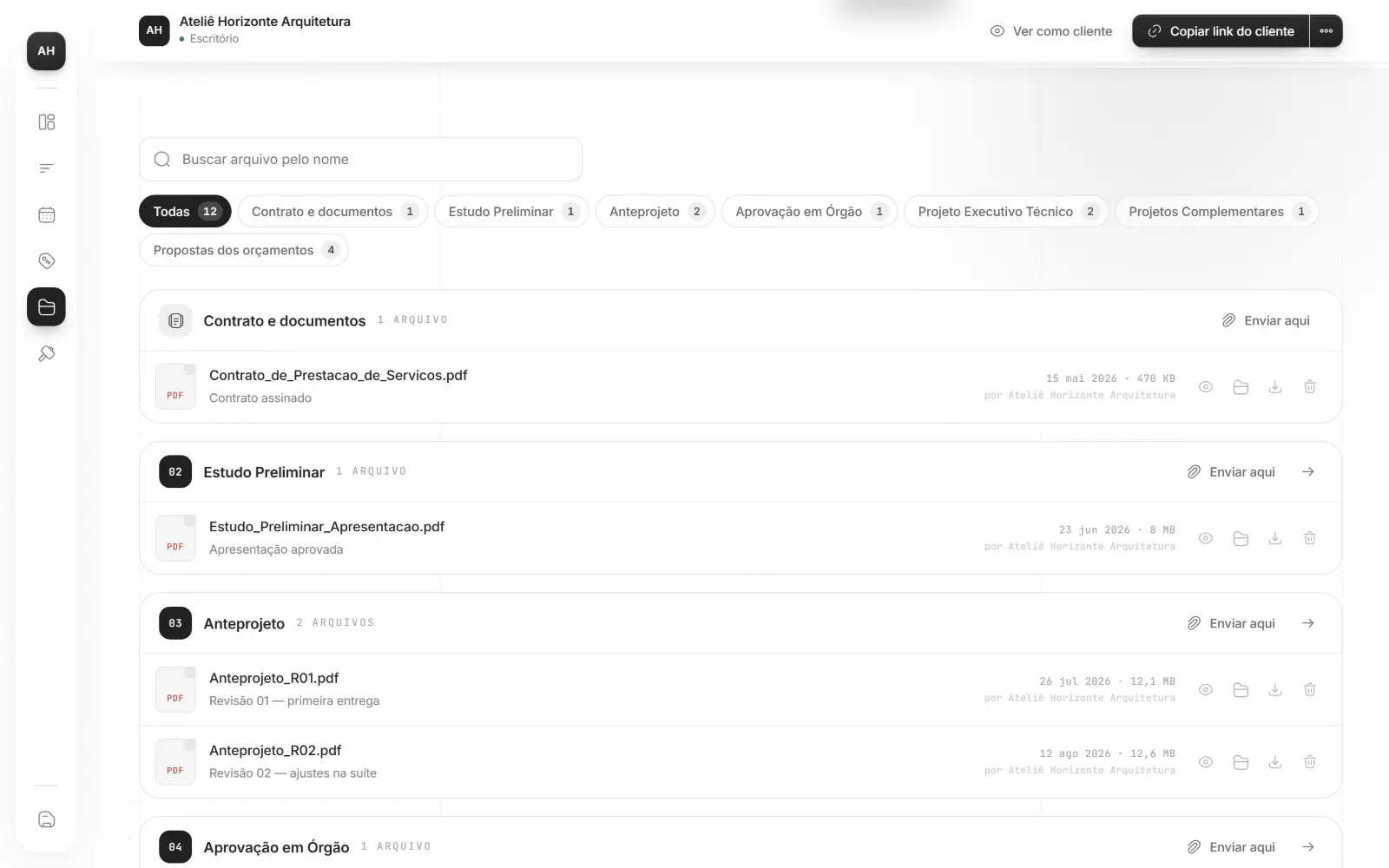 Seção Arquivos, com os anexos do projeto reunidos em pastas.