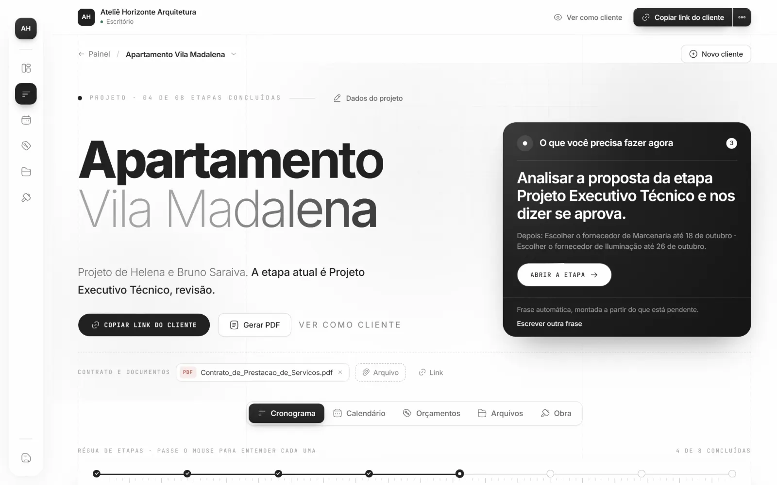Cronograma de um projeto, com as etapas e o status de cada uma.