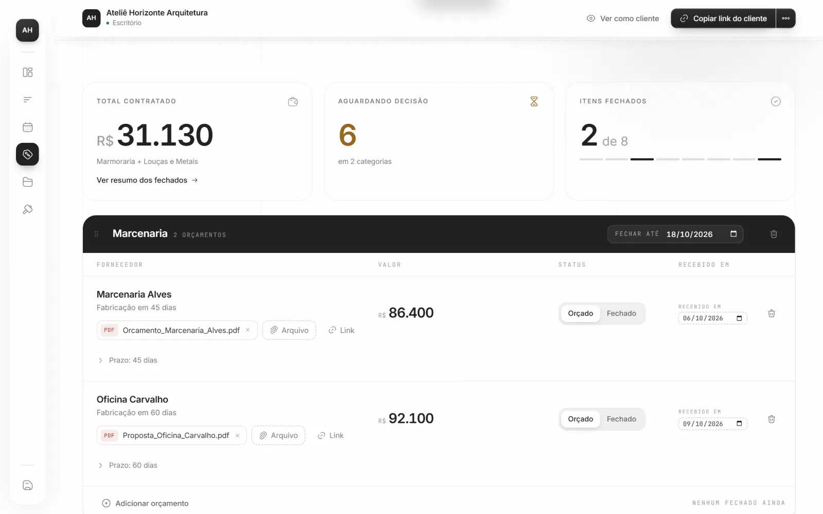 Orçamentos por categoria, com fornecedores, valores e prazo de decisão.