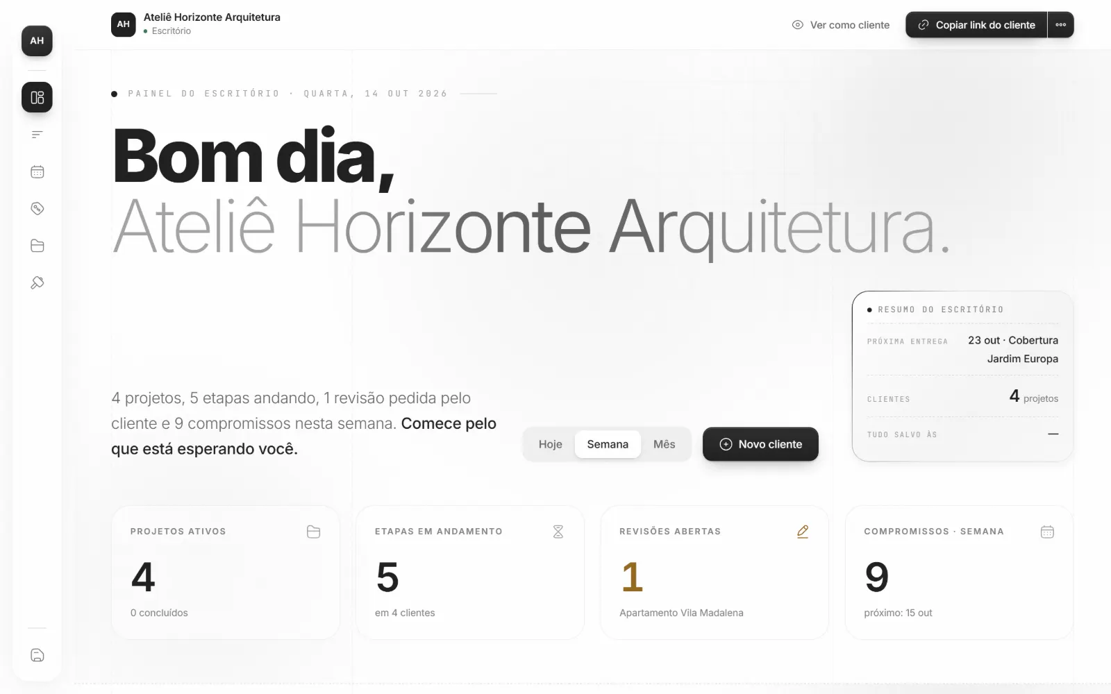 Painel do escritório: projetos ativos, etapas em andamento e compromissos da semana.